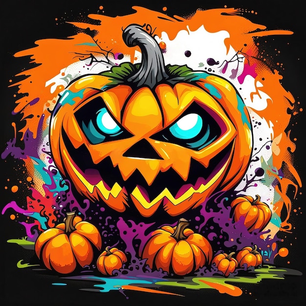 Calabaza de Halloween con cara de miedo y toques coloridos