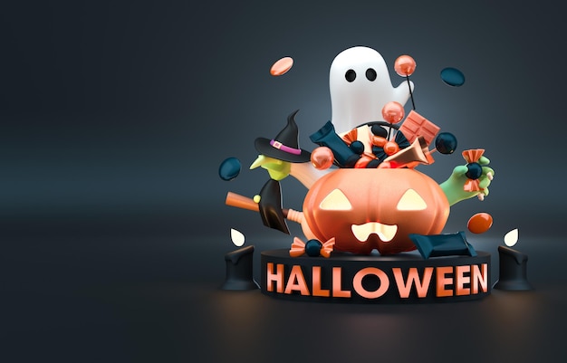 Calabaza de Halloween con caramelos Ilustración 3D