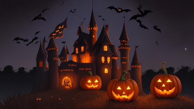 Calabaza de Halloween con castillo embrujado en la noche oscura