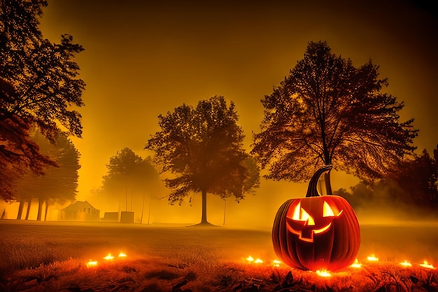 Foto calabaza de halloween con castillo de murciélagos.