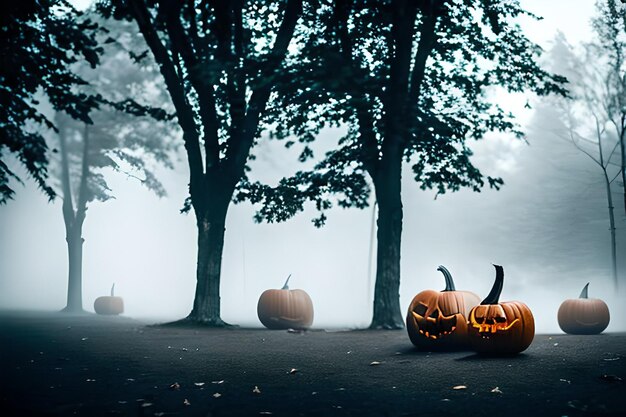 Foto calabaza de halloween con castillo de murciélagos.