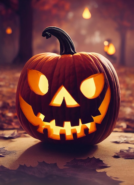 Calabaza de Halloween de cerca en la ilustración de trama de bosque espeluznante.