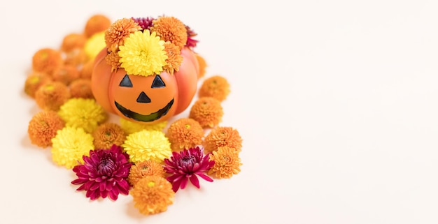 Calabaza de Halloween y crisantemos naranjas