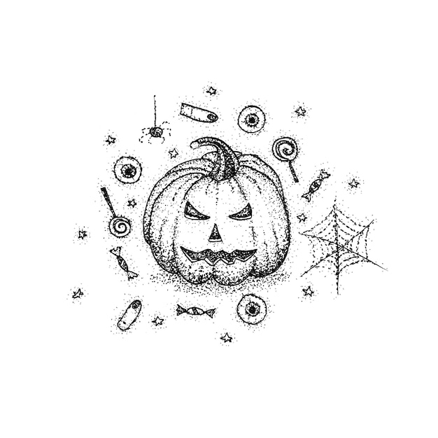 Foto calabaza de halloween dotwork. ilustración de trama del concepto espeluznante. boceto dibujado a mano de vacaciones de miedo.