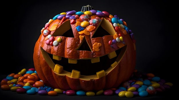 Una calabaza de halloween con dulces en el frente y una sonrisa en la cara.