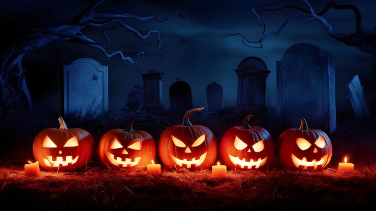 una calabaza de Halloween se exhibe frente a un cementerio