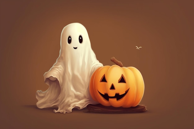 una calabaza de Halloween y un fantasma con un fantasma en la parte superior.