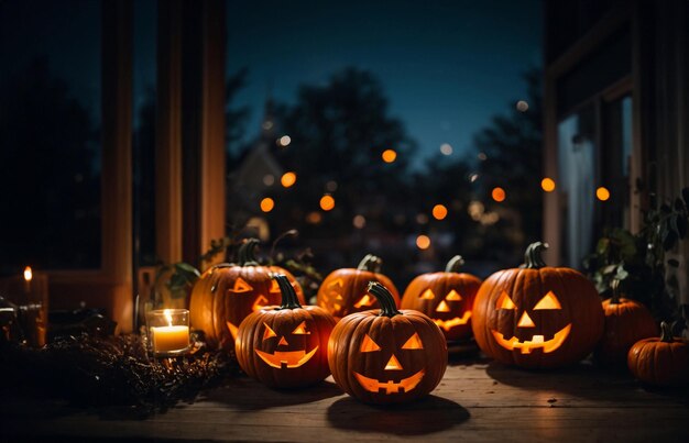 Foto calabaza de halloween en la fiesta de la noche de halloween la atmósfera de celebrar la noche de hallowe'en en la casa en octubre