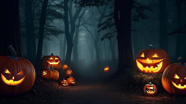 Calabaza de Halloween en un fondo de bosque oscuro