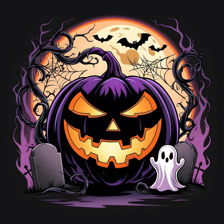 una calabaza de halloween con un fondo púrpura con un fantasma en ella