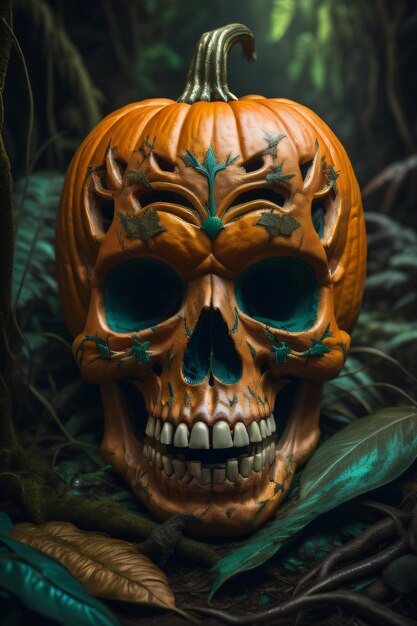 Calabaza de Halloween en forma de calavera en el bosque