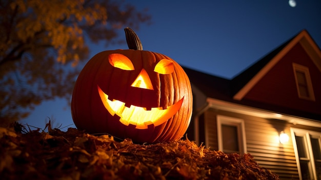 Calabaza de Halloween frente a una casa por la noche