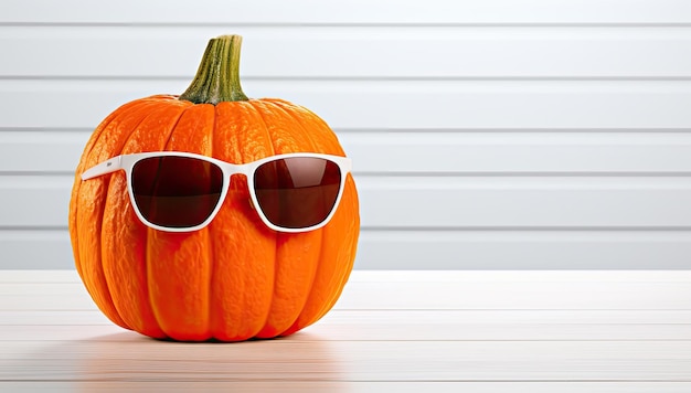 Calabaza de Halloween con gafas de sol en una mesa de madera blanca Rendering 3D