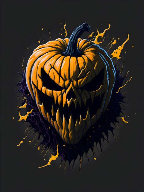 Calabaza de Halloween con una ilustración de cara de horror en fondo negro