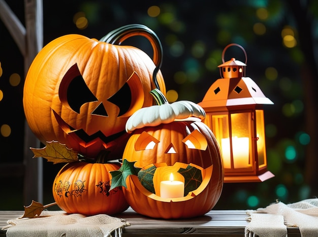 Calabaza de Halloween con linterna en madera con fondo bokeh por la noche