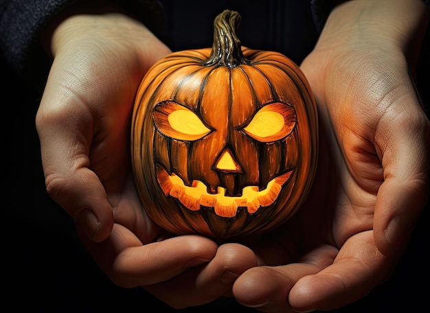 Calabaza de Halloween en las manos de un hombre sobre un fondo oscuro