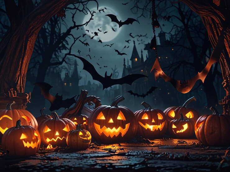 una calabaza de halloween con murciélagos y murciélagas en ella