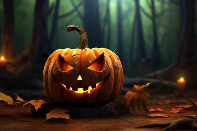 una calabaza de halloween con ojos brillantes en el bosque