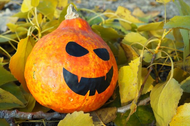 Calabaza de Halloween con pegatinas negras en la boca y los ojos La calabaza vegetal naranja se encuentra en las hojas de álamo amarillo otoñal Tema de Halloween o Helloween Fondo de Todos los Santos o Todos los Santos