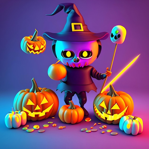 Foto calabaza de halloween y personaje de estilo de dibujos animados de bruja