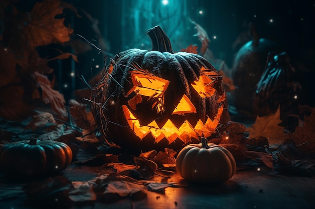 Una calabaza de halloween se sienta en un bosque oscuro con una cara brillante.