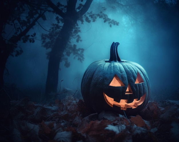 Una calabaza de halloween se sienta en un bosque oscuro con la palabra halloween en el frente.