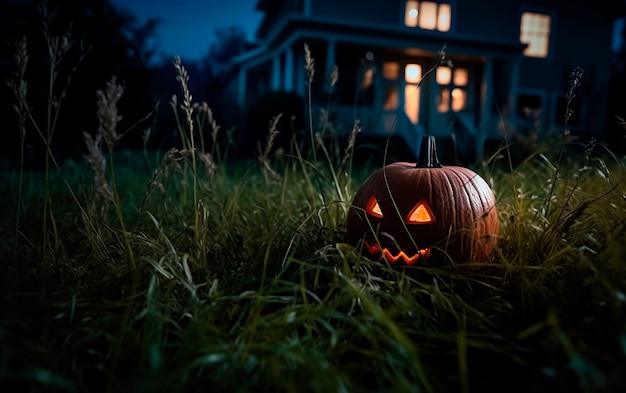 Una calabaza de halloween se sienta frente a una casa por la noche.