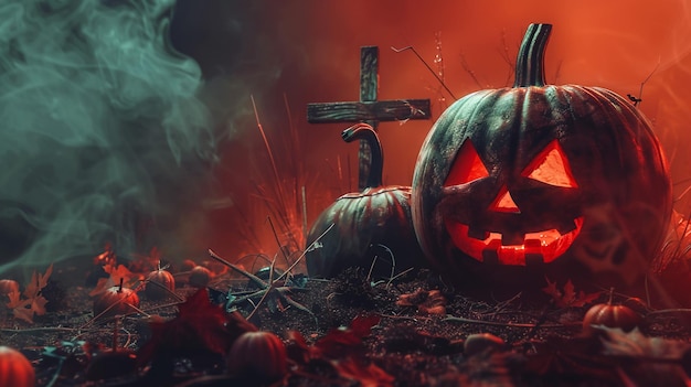 una calabaza de Halloween se sienta en el medio de un paisaje oscuro