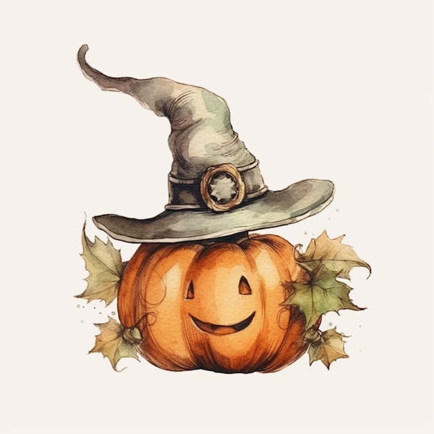 Una calabaza de halloween con sombrero de bruja y hojas.