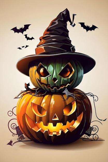 Calabaza de Halloween con sombrero de bruja con murciélago