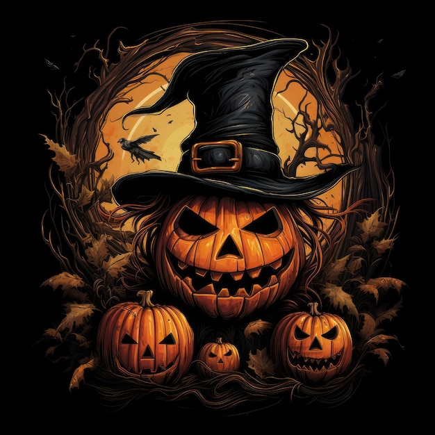 Una calabaza de halloween con un sombrero de bruja