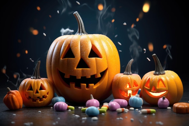 Calabaza de halloween sonriente y dulces en estilo minimalista Ilustración generada por IA