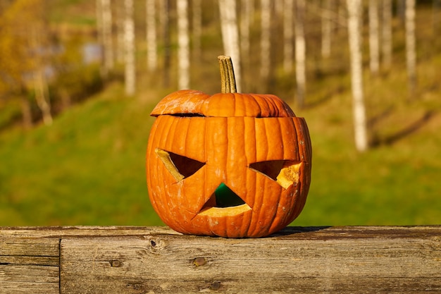 Calabaza de Halloween tallada con paisaje borroso en el fondo.