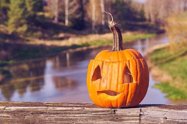 Calabaza de Halloween tallada con paisaje borroso en el fondo.