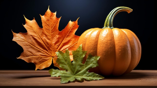 calabaza y una hoja de arce otoñal