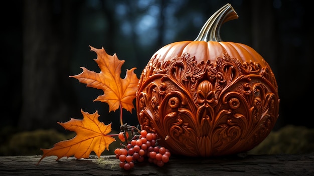 calabaza y una hoja de arce otoñal