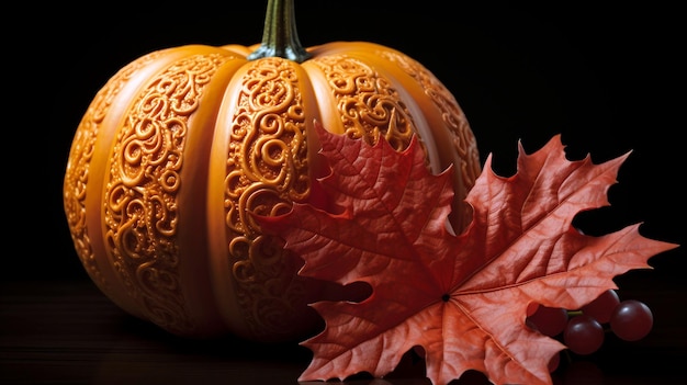 calabaza y una hoja de arce otoñal