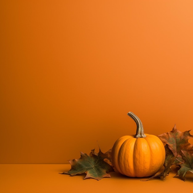 Calabaza con hojas de otoño sobre fondo naranja Espacio de copia Concepto de Halloween o Acción de Gracias