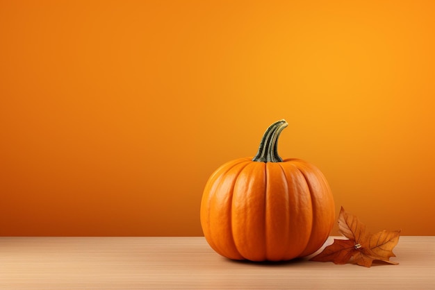 Calabaza y hojas de otoño sobre mesa de madera sobre fondo naranja