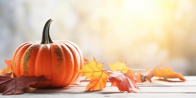 Una calabaza y hojas de otoño sobre una mesa.