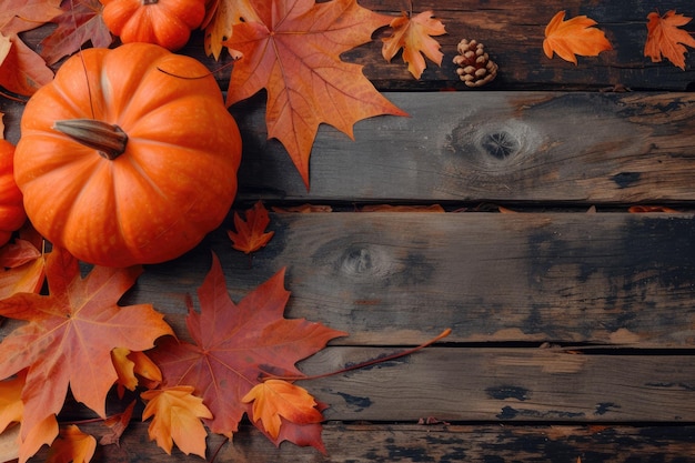 Calabaza y hojas de otoño en superficie de madera Fondo Vista superior Espacio de copia