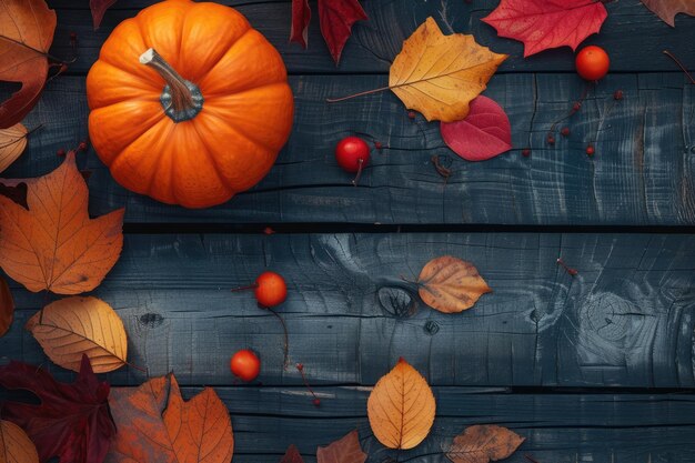 Calabaza y hojas de otoño en superficie de madera Fondo Vista superior Espacio de copia