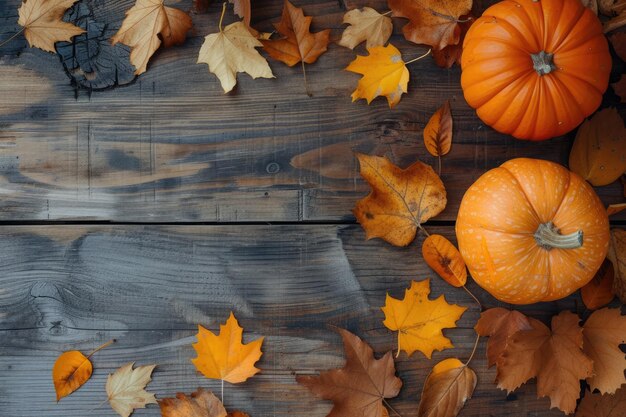 Calabaza y hojas de otoño en superficie de madera Fondo Vista superior Espacio de copia