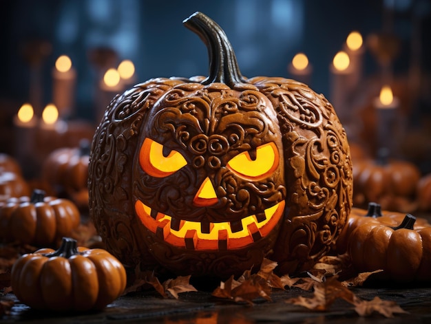 Una calabaza iluminada tallada a mano sobre un fondo cambiante que crea un brillo inquietante pero cálido que simboliza el espíritu festivo de Halloween. IA generativa