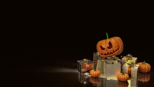 La calabaza jack o linterna y la caja de regalo para el contenido de halloween representación 3d