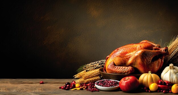 Foto una calabaza y maíz en una mesa con un fondo marrón