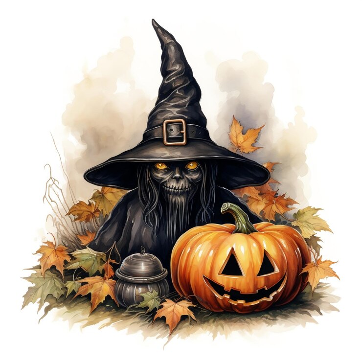 Calabaza con máscara de bruja sentada junto a fruta. Afiche y camiseta de Halloween.