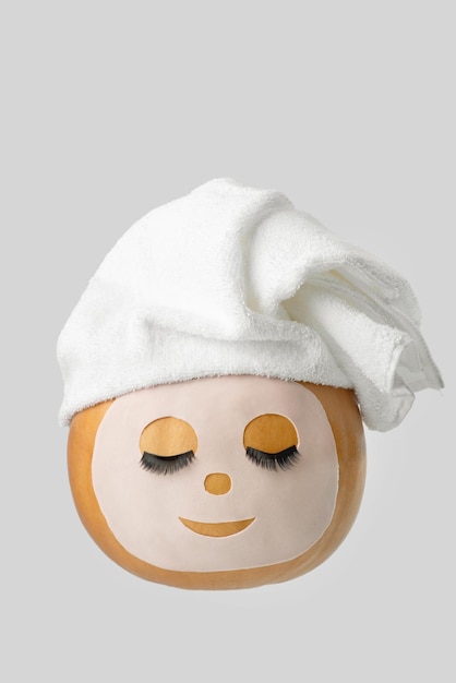 Calabaza con mascarilla cosmética y pestañas en una toalla.