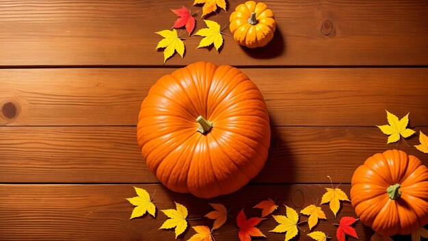 una calabaza en una mesa de madera con hojas de otoño en el fondo.