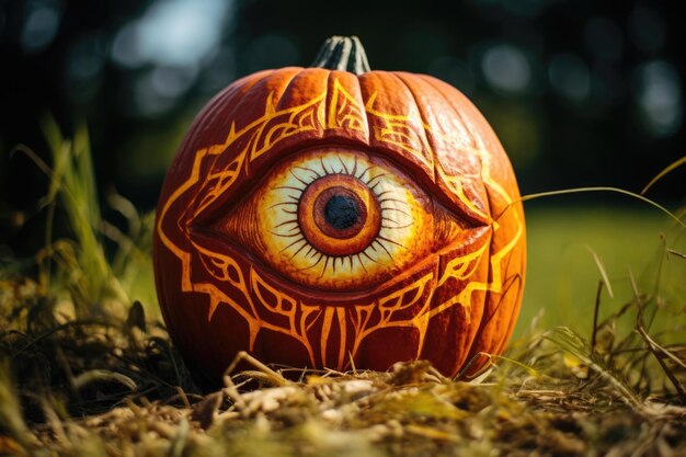 Foto una calabaza con un misterioso diseño de ojo tallado en ella.